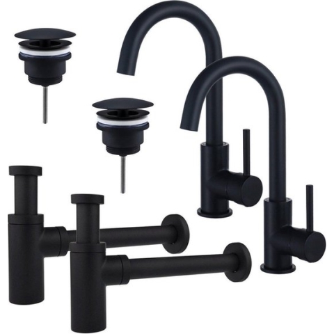 FortiFura Calvi Wastafelkraanset - voor dubbele wastafel - hoge wastafelkraan - draaibare uitloop - always open plug - design sifon - Mat zwart