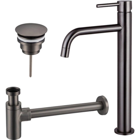 FortiFura Calvi Slim Wastafelkraanset - verhoogde wastafelkraan - always open plug - design sifon - PVD Gepolijst Gunmetal