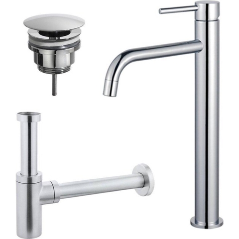 FortiFura Calvi Slim Wastafelkraanset - verhoogde wastafelkraan - always open plug - design sifon - Chroom