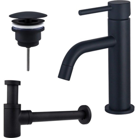 FortiFura Calvi Slim Wastafelkraanset - lage wastafelkraan - always open plug - verlaagde design sifon - Mat zwart