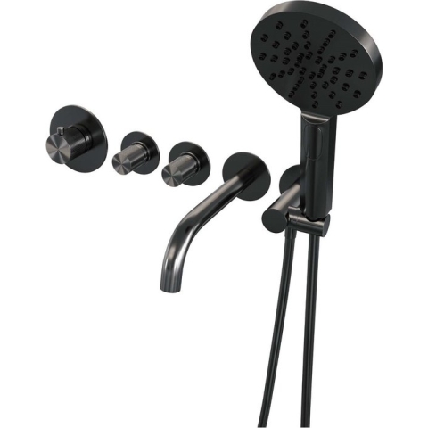 Brauer Gunmetal Carving Badkraan Inbouw - douchegarnituur - 20cm uitloop - inbouwdeel - 3 carving knoppen - handdouche rond 3 standen - PVD - geborsteld gunmetal