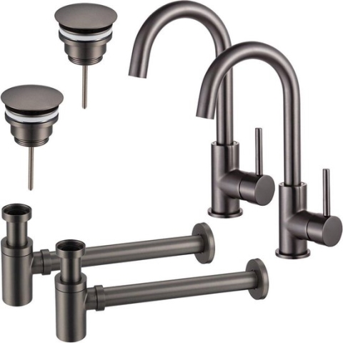 FortiFura Calvi Wastafelkraanset - voor dubbele wastafel - hoge wastafelkraan - draaibare uitloop - always open plug - verlaagde design sifon - PVD Gepolijst Gunmetal