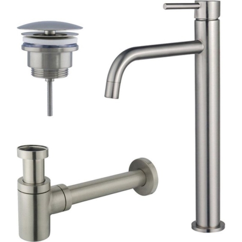 FortiFura Calvi Slim Wastafelkraanset - verhoogde wastafelkraan - always open plug - verlaagde design sifon - PVD Geborsteld RVS