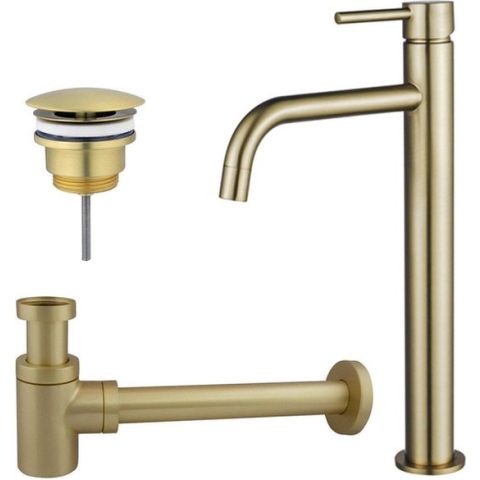 FortiFura Calvi Slim Wastafelkraanset - verhoogde wastafelkraan - always open plug - verlaagde design sifon - PVD Geborsteld Messing