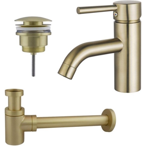 FortiFura Calvi Wastafelkraanset - lage wastafelkraan - klikwaste plug - verlaagde design sifon - PVD Geborsteld Messing