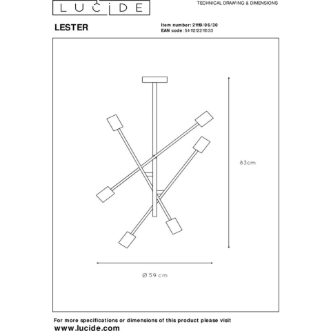 Lucide LESTER Plafonnière - 6xE27 - Zwart