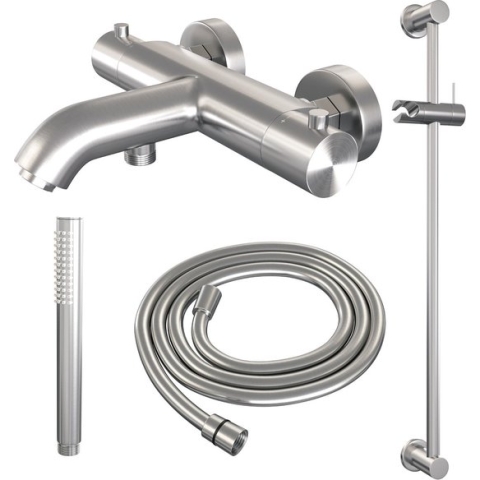 Brauer Brushed Edition S01 - Badkraan met Staafhanddouche - Geborsteld RVS PVD - Opbouw - Thermostatisch - 2 Greeps - met Glijstang en Doucheslang