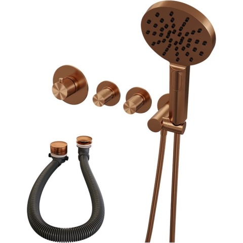 Brauer Carving S02 - Badkraan met Handdouche - Geborsteld Koper PVD - Inbouw - Thermostatisch - Badvulcombinatie/Wandaansluitbocht