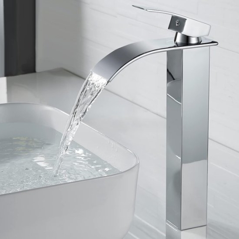Moderne watervalkraan badkamer hoog, wastafelarmatuur hoge waterval opzetwastafel armatuur badkamer, mengkraan wastafel voor warm en koud water, verchroomd messing