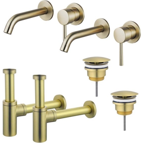 FortiFura Calvi Slim Wastafelkraanset - voor dubbele wastafel - inbouw wastafelkraan - always open plug - design sifon - PVD Geborsteld Messing