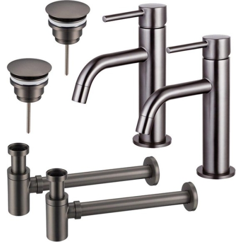 FortiFura Calvi Slim Wastafelkraanset - voor dubbele wastafel - lage wastafelkraan - always open plug - verlaagde design sifon - PVD Gepolijst Gunmetal