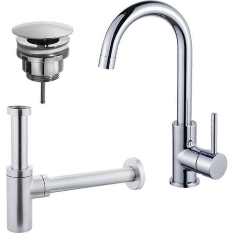 FortiFura Calvi Wastafelkraanset - hoge wastafelkraan - draaibare uitloop - always open plug - design sifon - Chroom