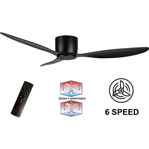 Ylumen - Plafondventilator Brezza 3 blad 132 cm zwart - stille ventilator – top kwaliteit - energie zuinig – met remote - ventilator voor laag plafond - 6 snelheden – beste alternatief voor airco - zomer en winter stand – zwarte ventilator