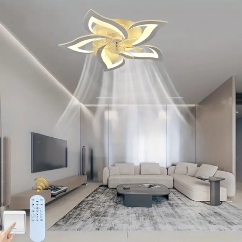 Stille plafondventilator met verlichting, moderne led-dimbare plafondverlichting met ventilator, creatief design met 5 lampen, plafondventilator voor slaapkamer, keuken of eetkamer, 69 cm, wit [Energieklasse A++]