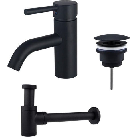 FortiFura Calvi Wastafelkraanset - lage wastafelkraan - always open plug - verlaagde design sifon - Mat zwart