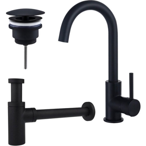 FortiFura Calvi Wastafelkraanset - hoge wastafelkraan - draaibare uitloop - always open plug - design sifon - Mat zwart
