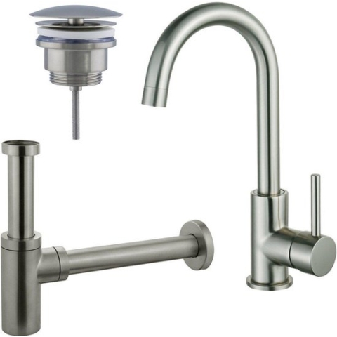 FortiFura Calvi Wastafelkraanset - hoge wastafelkraan - draaibare uitloop - always open plug - design sifon - PVD Geborsteld RVS