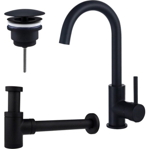 FortiFura Calvi Wastafelkraanset - hoge wastafelkraan - draaibare uitloop - always open plug - verlaagde design sifon - Mat zwart