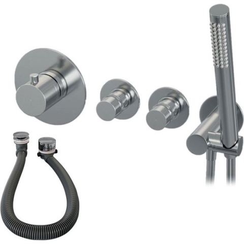 Badkraan Brauer Thermostatisch Inbouw Rond Glans Chroom 3 Greeps 4 Gats met Staafhanddouche en Badvulcombinatie