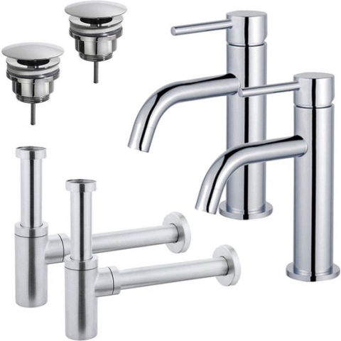 FortiFura Calvi Slim Wastafelkraanset - voor dubbele wastafel - lage wastafelkraan - always open plug - design sifon - Chroom