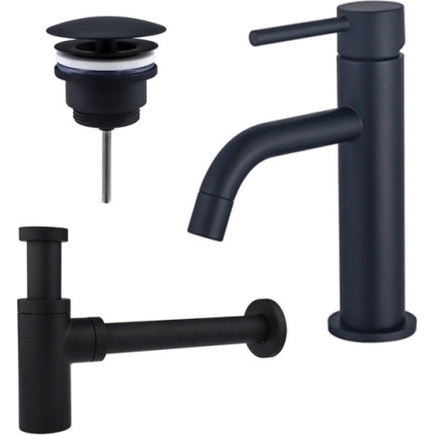 FortiFura Calvi Slim Wastafelkraanset - lage wastafelkraan - always open plug - design sifon - Mat zwart