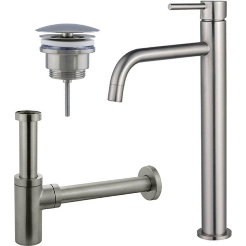 FortiFura Calvi Slim Wastafelkraanset - verhoogde wastafelkraan - always open plug - design sifon - PVD Geborsteld RVS