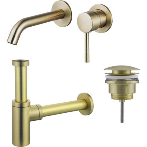 FortiFura Calvi Slim Wastafelkraanset - inbouw wastafelkraan - klikwaste plug - design sifon - PVD Geborsteld Messing