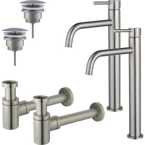 FortiFura Calvi Slim Wastafelkraanset - voor dubbele wastafel - verhoogde wastafelkraan - always open plug - verlaagde design sifon - PVD Geborsteld RVS