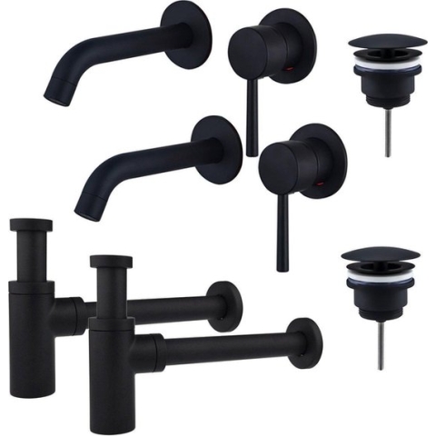 FortiFura Calvi Slim Wastafelkraanset - voor dubbele wastafel - inbouw wastafelkraan - always open plug - design sifon - Mat zwart