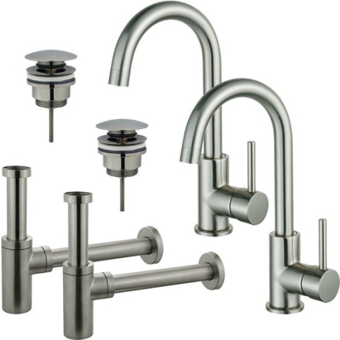 FortiFura Calvi Wastafelkraanset - voor dubbele wastafel - hoge wastafelkraan - draaibare uitloop - klikwaste plug - design sifon - PVD Geborsteld RVS