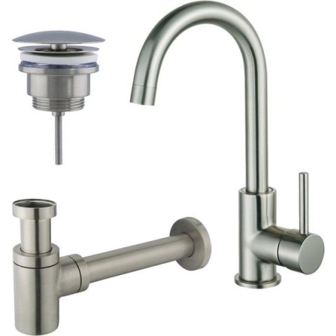 FortiFura Calvi Wastafelkraanset - hoge wastafelkraan - draaibare uitloop - always open plug - verlaagde design sifon - PVD Geborsteld RVS
