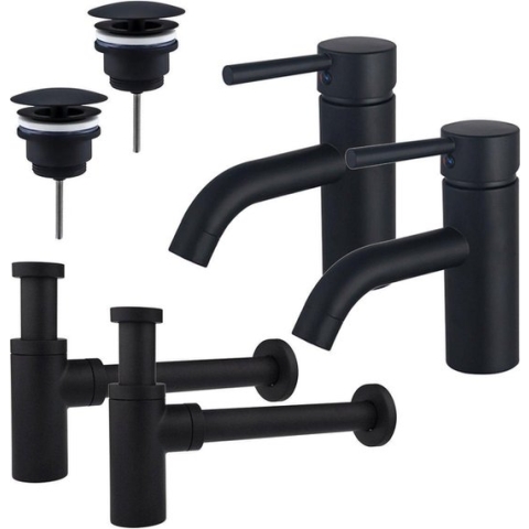 FortiFura Calvi Wastafelkraanset - voor dubbele wastafel - lage wastafelkraan - always open plug - design sifon - Mat zwart