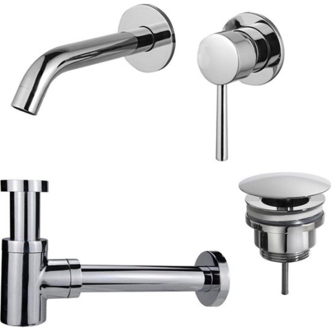 FortiFura Calvi Slim Wastafelkraanset - inbouw wastafelkraan - always open plug - verlaagde design sifon - Chroom