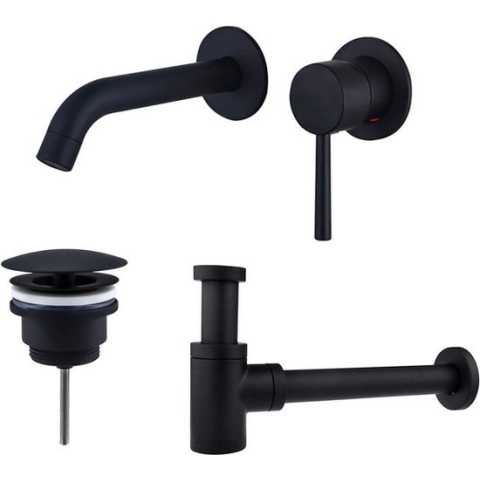FortiFura Calvi Slim Wastafelkraanset - inbouw wastafelkraan - always open plug - verlaagde design sifon - Mat zwart