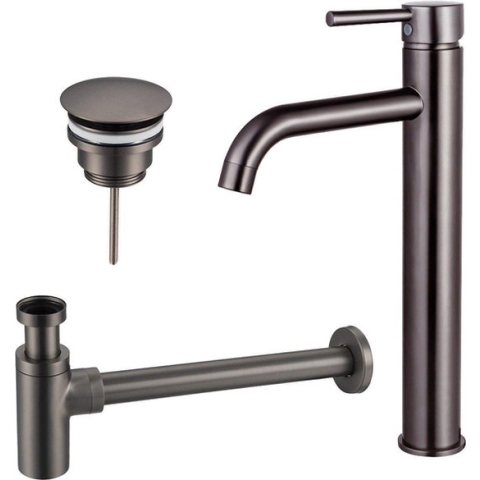 FortiFura Calvi Wastafelkraanset - verhoogde wastafelkraan - always open plug - design sifon - PVD Gepolijst Gunmetal