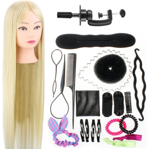 SassyGoods - Kaphoofd - Oefenpop kapper - Met Styling Accessoires - Blond haar - Met statief - 70 cm