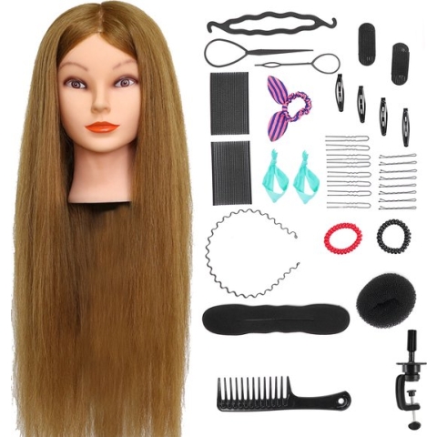 SassyGoods® Oefenhoofd 90% Echt Haar met Statief - Kappershoofd - Oefenpop Kapper - Incl. Styling Accessories - Goud Bruin Haar - 65 cm