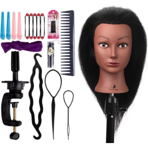 Desire of Goods Afro Oefenhoofd Kappershoofd - Echt haar - Tafelklem & Styling Accessoires - Kappop - Kaphoofd - 40 cm