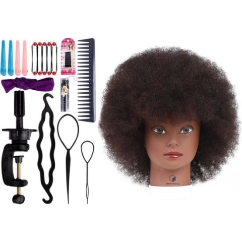 Desire of Goods Afro Oefenhoofd Kappershoofd - Echt haar - Tafelklem & Styling Accessoires - Kappop - Kaphoofd - 30 cm