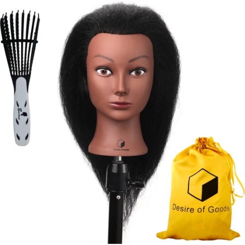 Desire of Goods Afro oefenhoofd kappershoofd - met anti klit haarborstel - Echt haar - Donkerbruin haar - met tafelklem - 40 cm