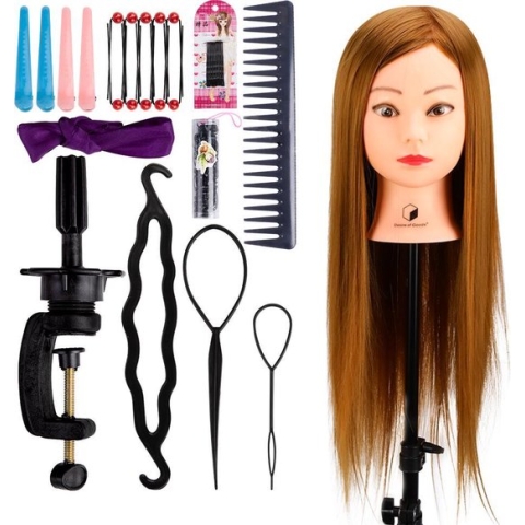 Desire of Goods Oefenhoofd Kappershoofd Goudbruin - met tafelklem & Styling Accessoires - Kappop - Kaphoofd - 70 cm