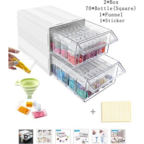 2 stapelbare opbergcontainers ,2 lades met 35 doosjes + stickers
