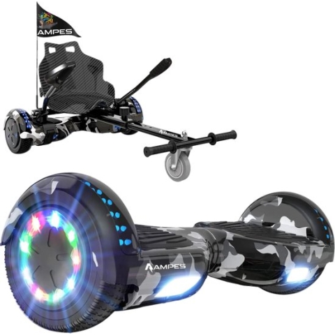 Ampes Hoverboard - Bluetooth Speaker - 24V 4.0 Ah Accu - Oxboard - 12 km/h - UL2272 Gecertificeerd - LED Verlichting - Anti lek banden - Belastbaar tot 120KG - 6.5 Inch - Inclusief Draagtas - 700W Wielen - Camouflage + Hoverkart Carbon