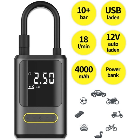 TomorrowNow® Airforce - Oplaadbare Luchtbedpomp - Ballenpomp - Draagbare Elektrische Pomp - 18 l/min - 10.3 Bar - Auto - Motor - Scooter - Brommer - Fiets - Bal - Luchtbed - Zwembad - Powerbank Functie - USB-C/12V Autolader Laden - 4000 mAh