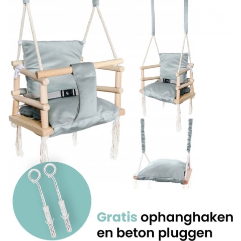 Luxe houten 3 in 1 licht grijze meegroei baby schommel en Kinder schommel – Baby swing – Schommel die meegroeit met je kindje - Schommelstoel - Schommels - handgemaakt
