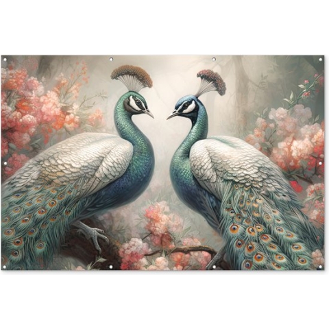 Muurdecoratie Pauwen - Pauwenveren - Vogels - Bloemen - Natuur - 180x120 cm - Tuinposter
