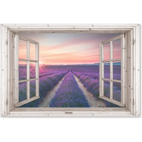 Tuinposter lavendel - Tuindoek doorkijk - Bloemen - Natuur - Paars - Zonsondergang - Lucht - Schutting decoratie - Tuin - 180x120 cm - Tuindecoratie - Tuinschilderij voor buiten - Schuttingdoek