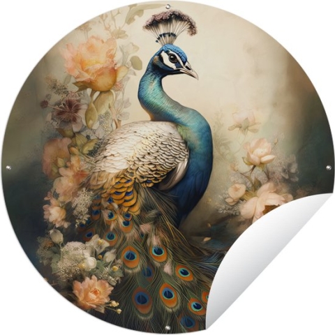 Tuincirkel Pauw - Pauwenveren - Bloemen - Vogels - Botanisch - 120x120 cm - Ronde Tuinposter - Buiten XXL / Groot formaat!