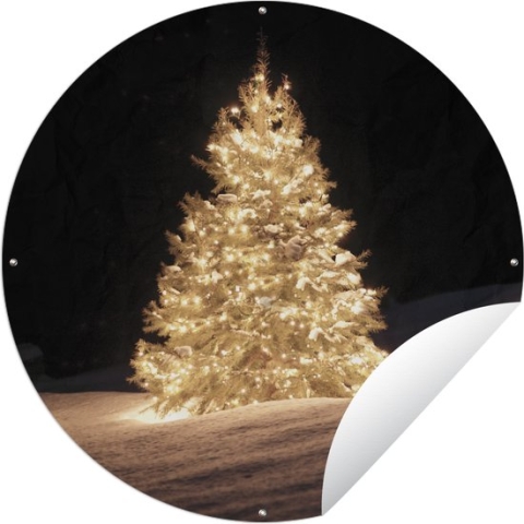 Tuincirkel Een verlichtte kerstboom tijdens de nacht - 120x120 cm - Ronde Tuinposter - Buiten XXL / Groot formaat!