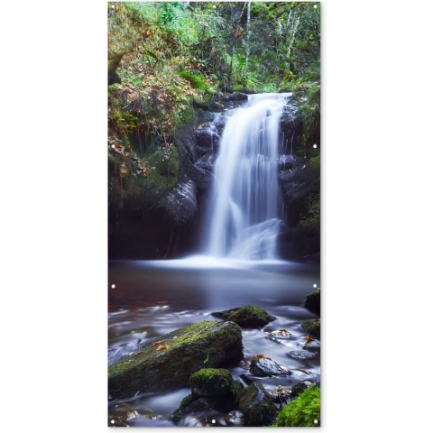 Tuinposter - Waterval - Natuur - Groen - Stenen - Bladeren - 100x200 cm - Tuinschilderij voor buiten - Schuttingposter - Tuinposter waterval